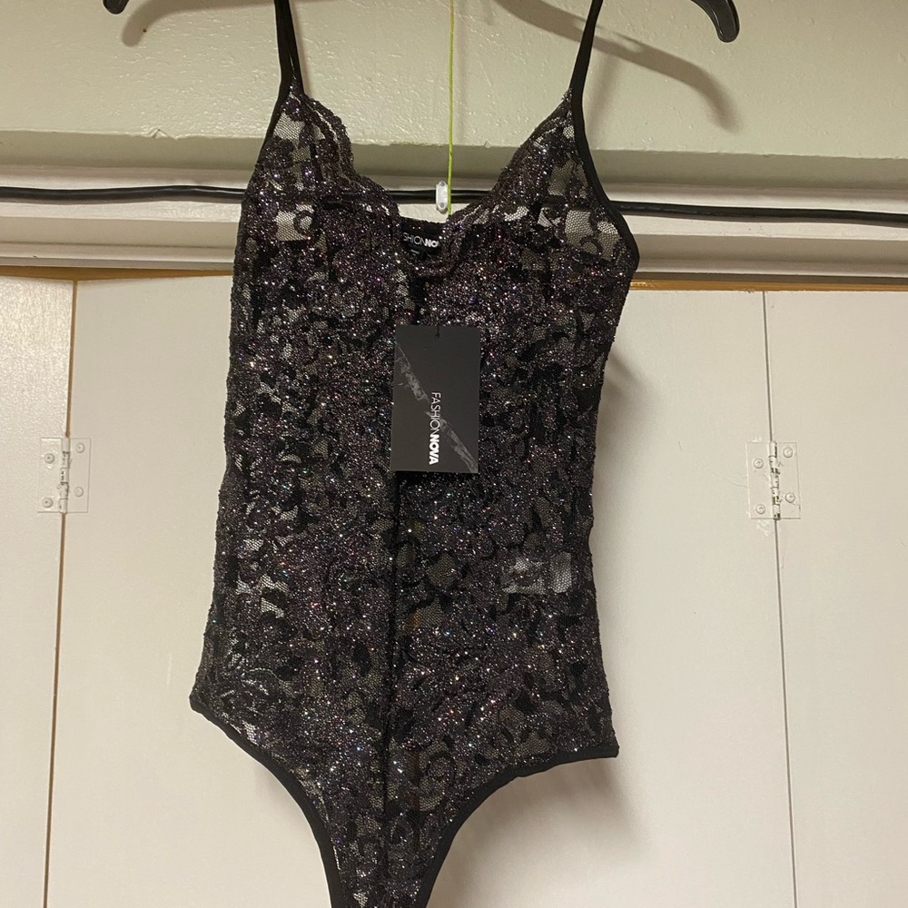 Fashion Nova Glittering Black Lace Bodysuit
